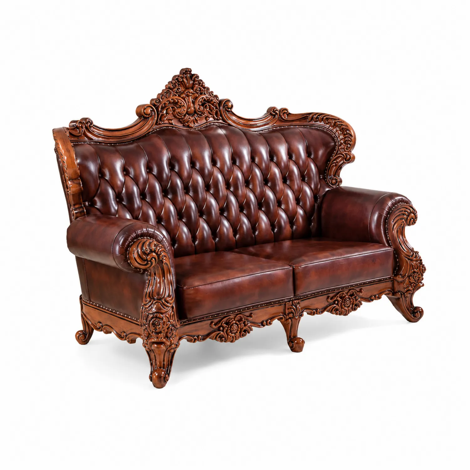Divano Loveseat in Legno Massello e Pelle Sintetica Marrone con Dettagli Intagliati