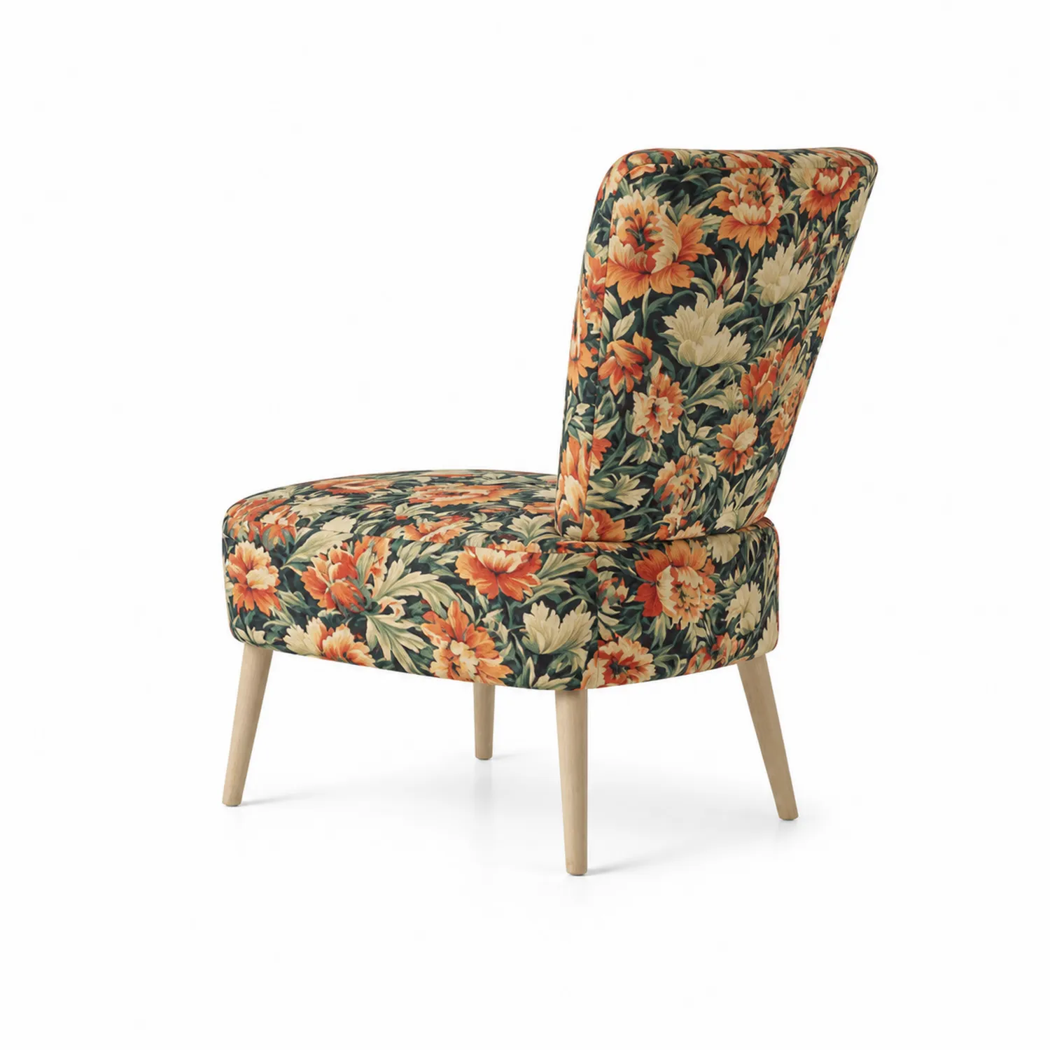 Poltrona in tessuto floreale con gambe in legno di faggio