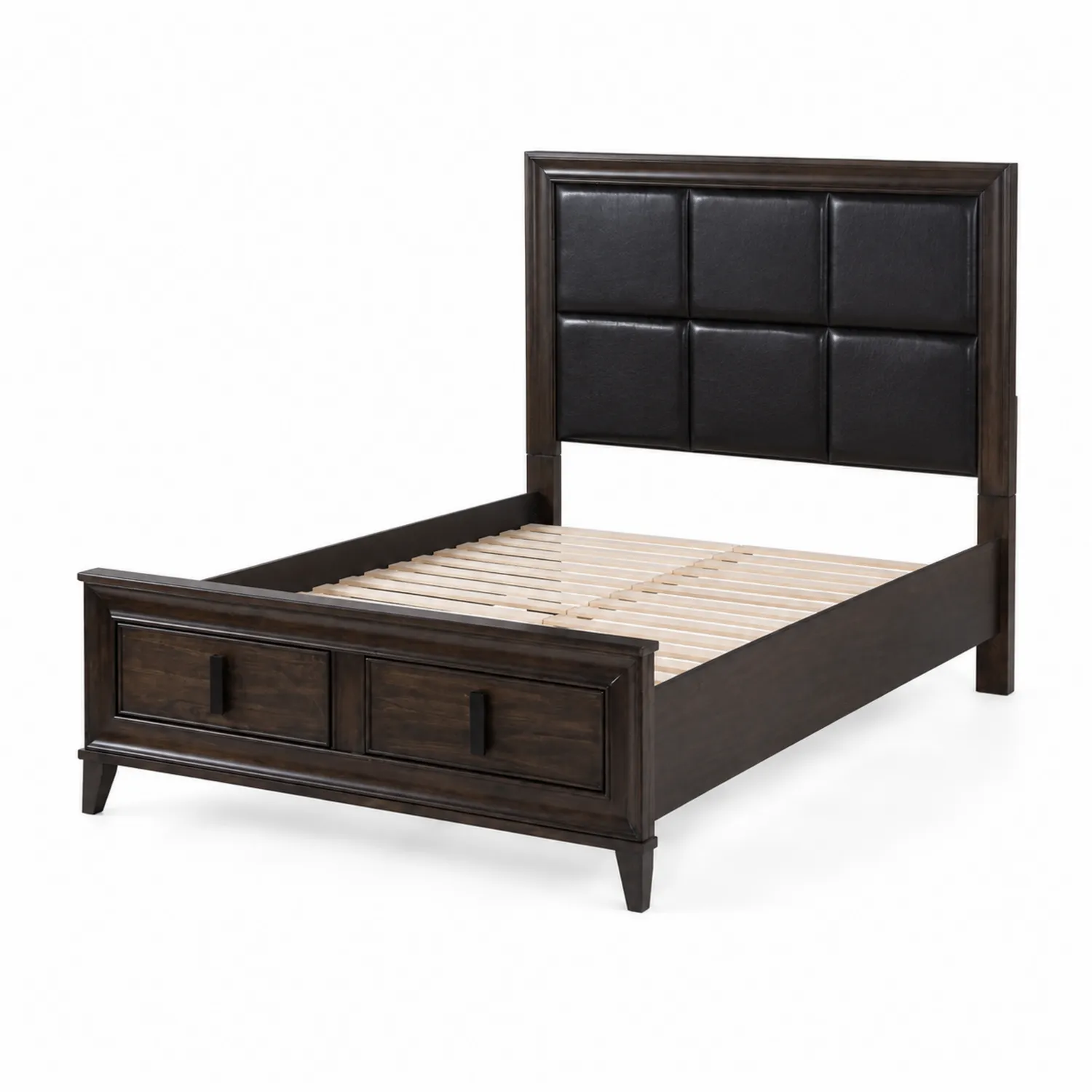 Letto in legno con testiera imbottita e cassetti