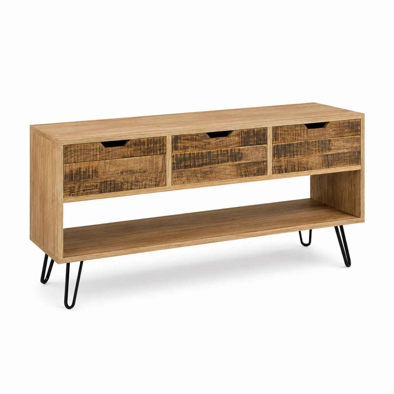 Credenza in Legno di Quercia con 3 Cassetti e Gambe in Metallo