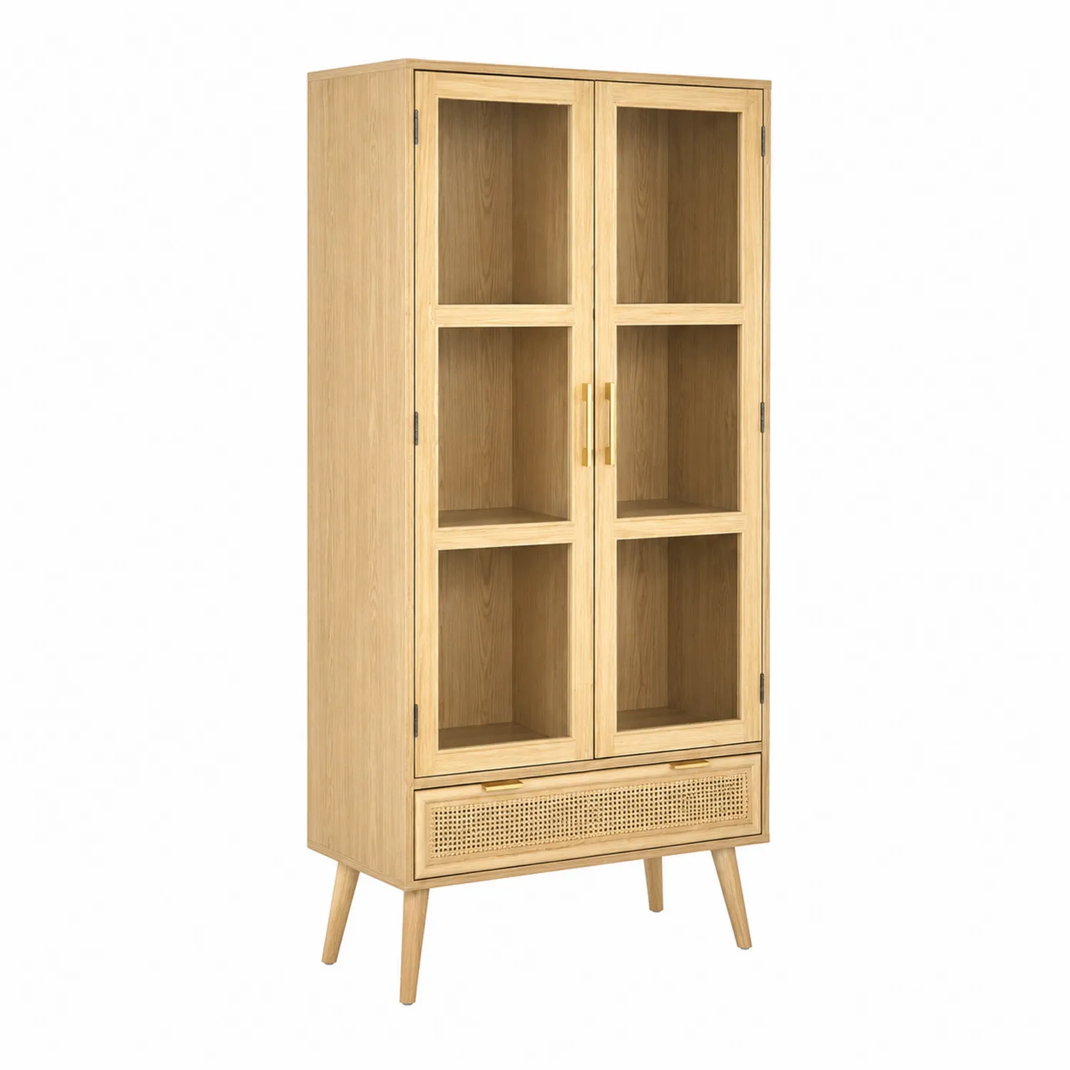 Vetrina in Legno con Ante in Vetro Temperato e Cassetto in Rattan