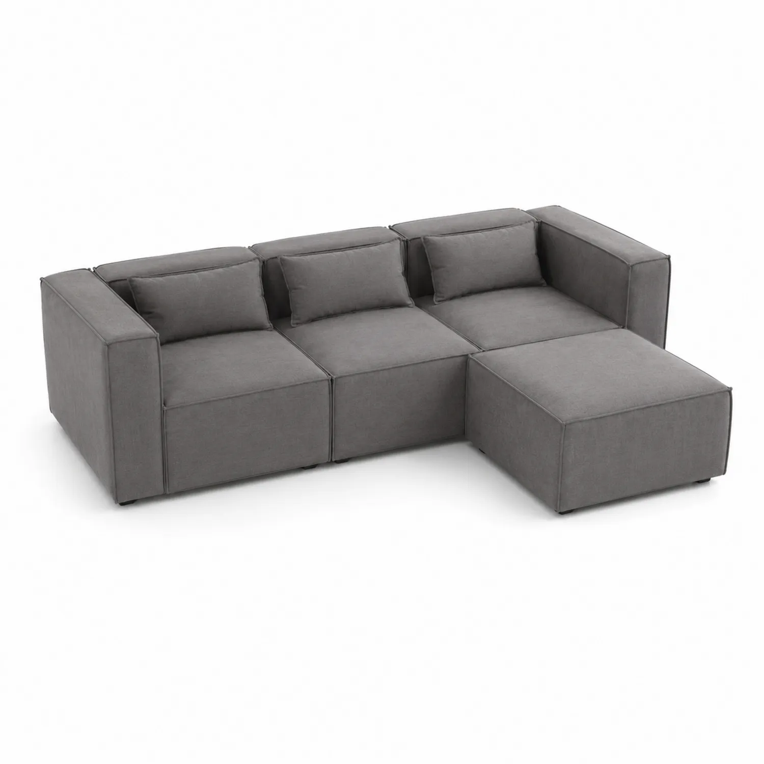 Divano Modulare in Tessuto Grigio con Pouf