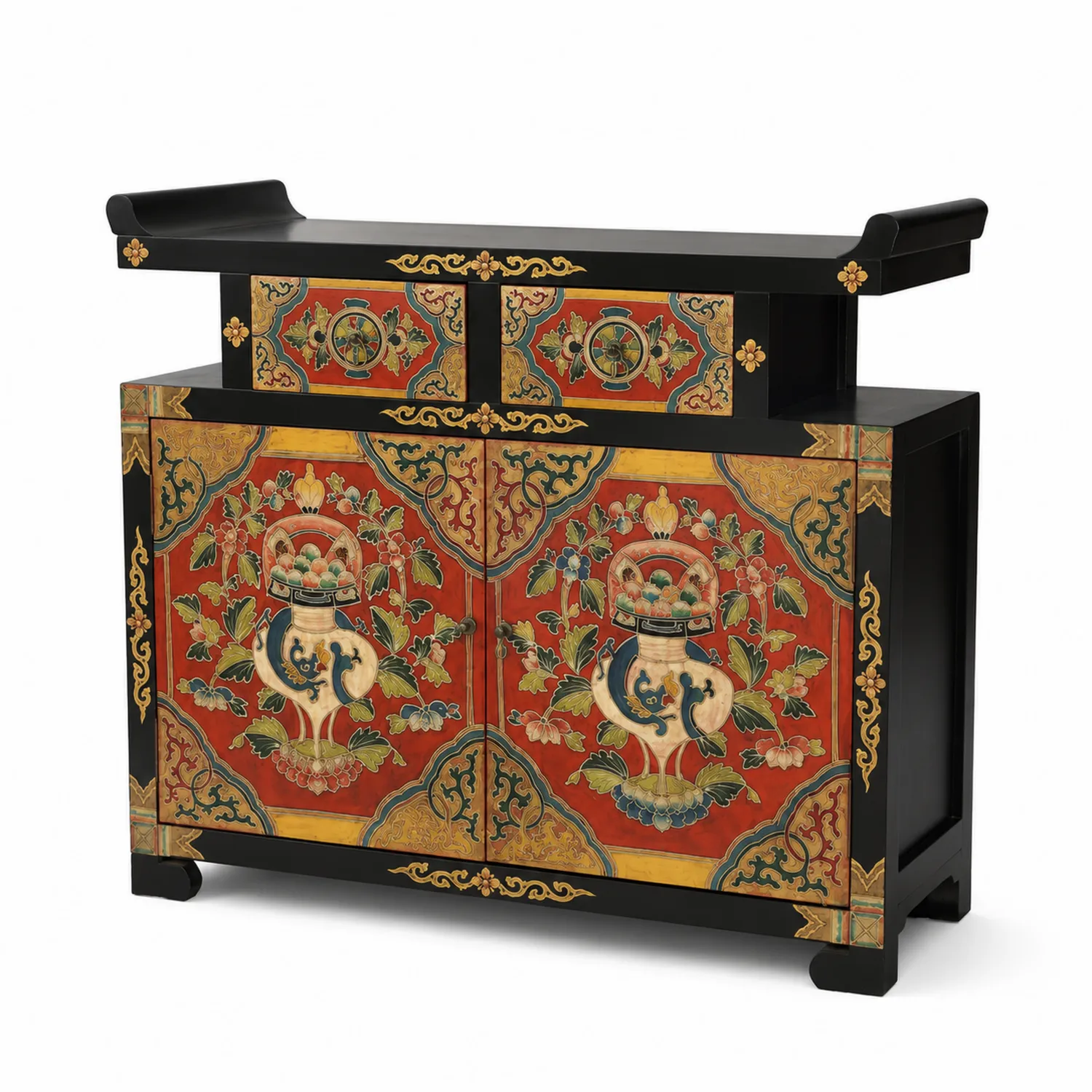 Credenza in legno dipinto a mano con due ante e due cassetti, 90x85x40cm, Nero e Multicolore