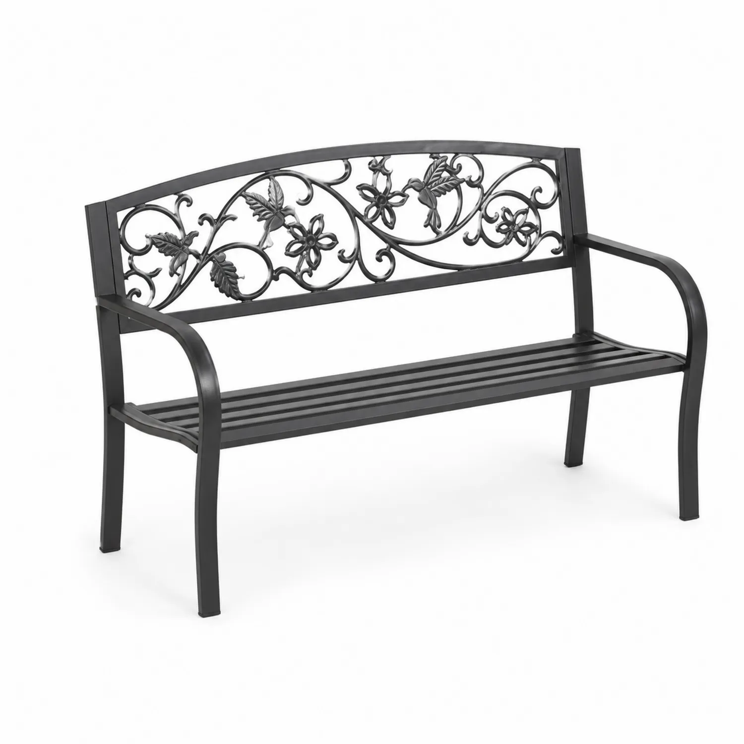 Panca da giardino in ferro battuto con schienale decorativo