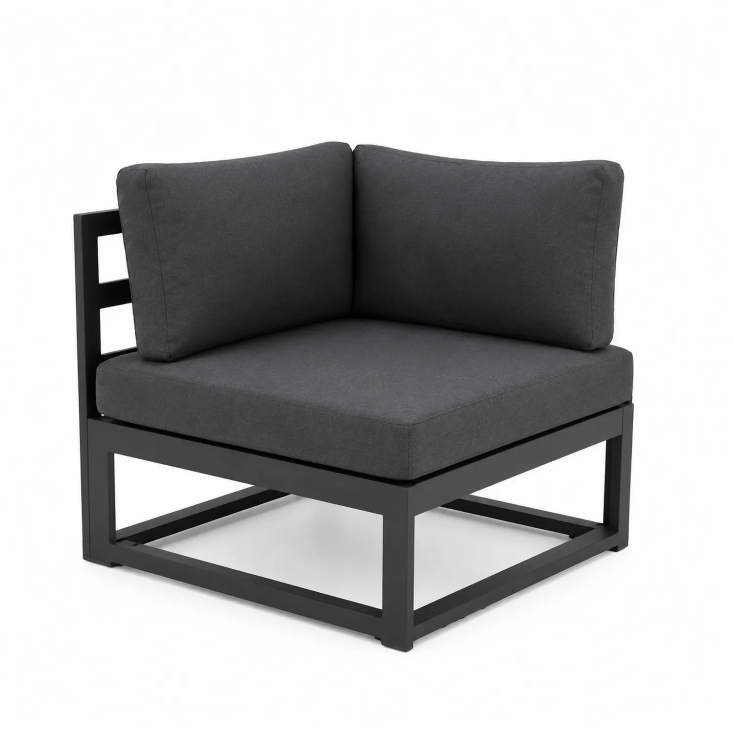 Poltrona angolare in alluminio nero con cuscini in tessuto grigio