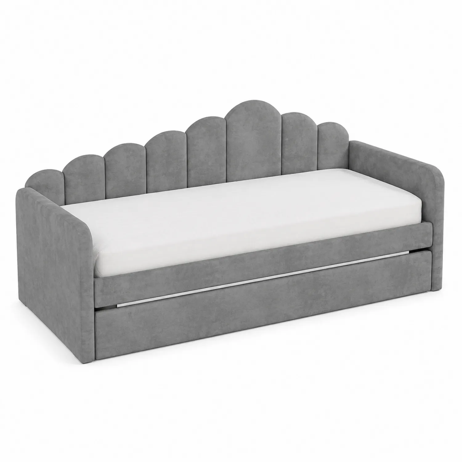 Divano Letto Imbottito in Velluto Grigio con Contenitore