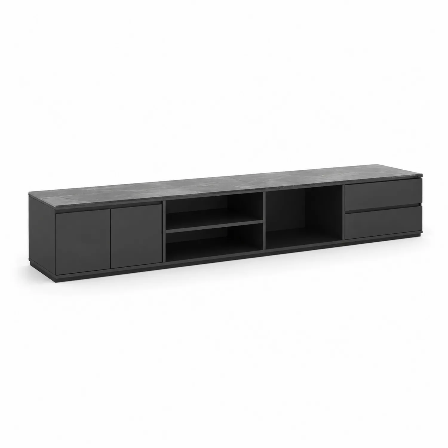 Mobile TV in legno MDF nero con scaffali e cassetti 200x40x35 cm
