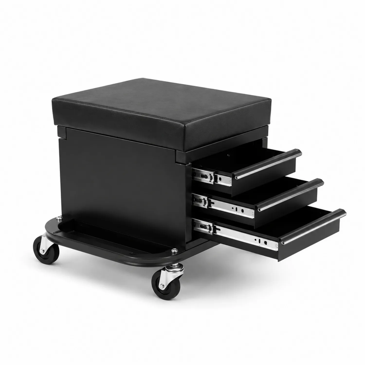 Carrello portaoggetti con cuscino, 3 cassetti, metallo e pelle sintetica, Nero