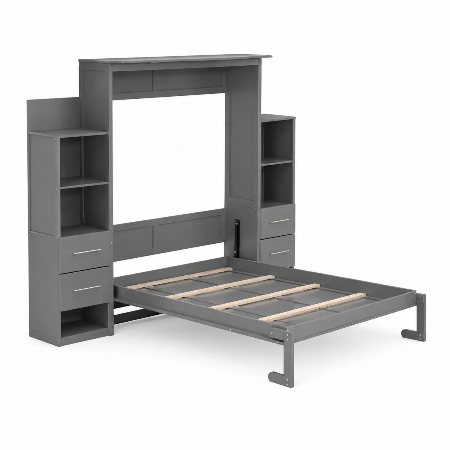 Letto a scomparsa con scaffalature e cassetti in legno e metallo, Grigio
