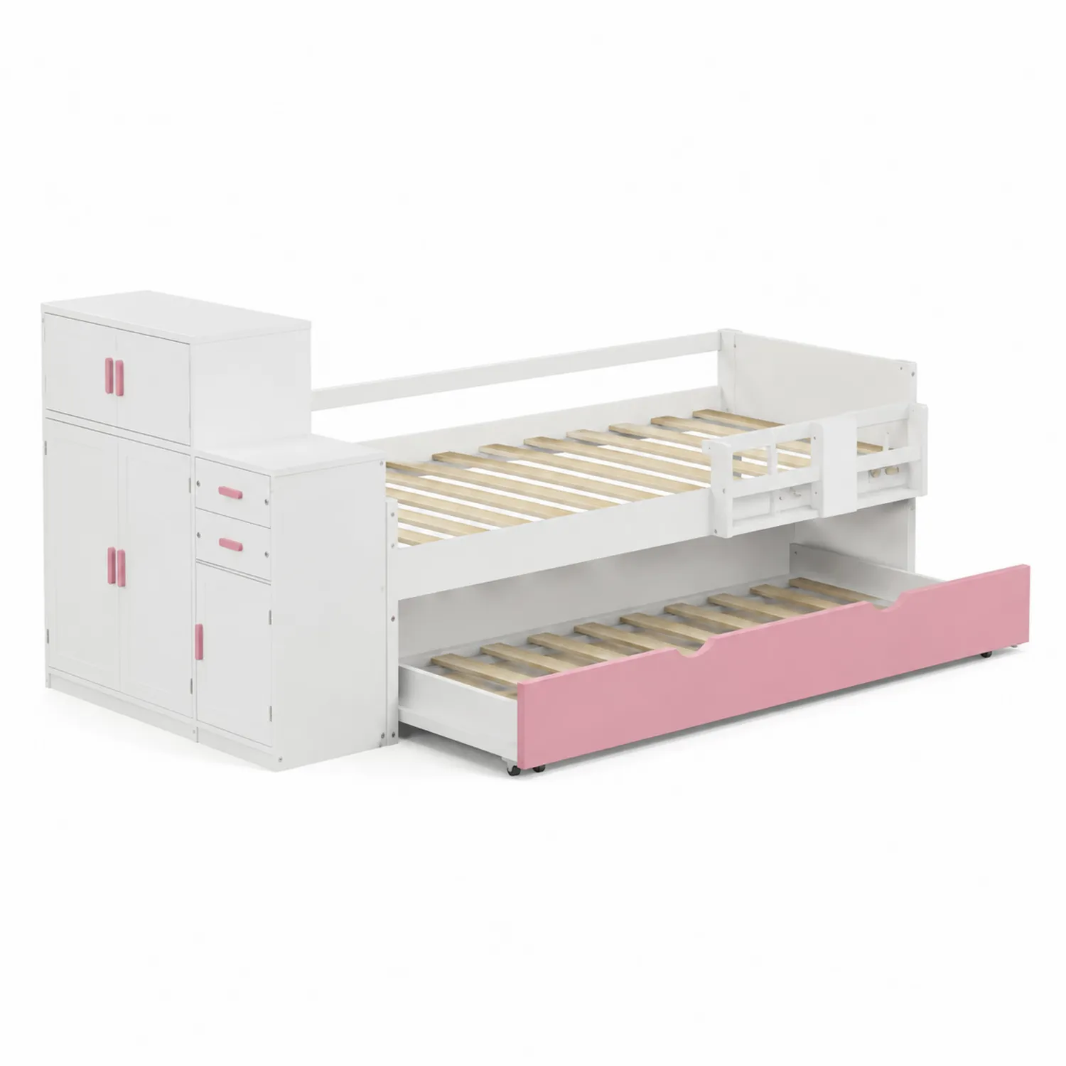 Letto in Legno con Armadio e Cassetto Bianco/Rosa 200x90 cm