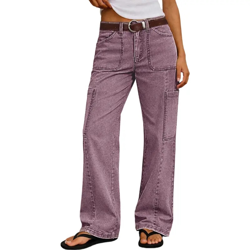 Stitch Detail Mid Waist Straight Leg Cargo Pants Without Belt