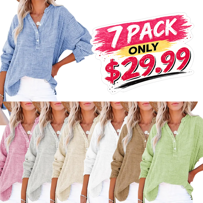 Dokotoo Women's Casual Button V Neck Long Sleeve Shirts Oversized Solid Blouses Tops 100% Cotton Boyfriend Style Loose Fit