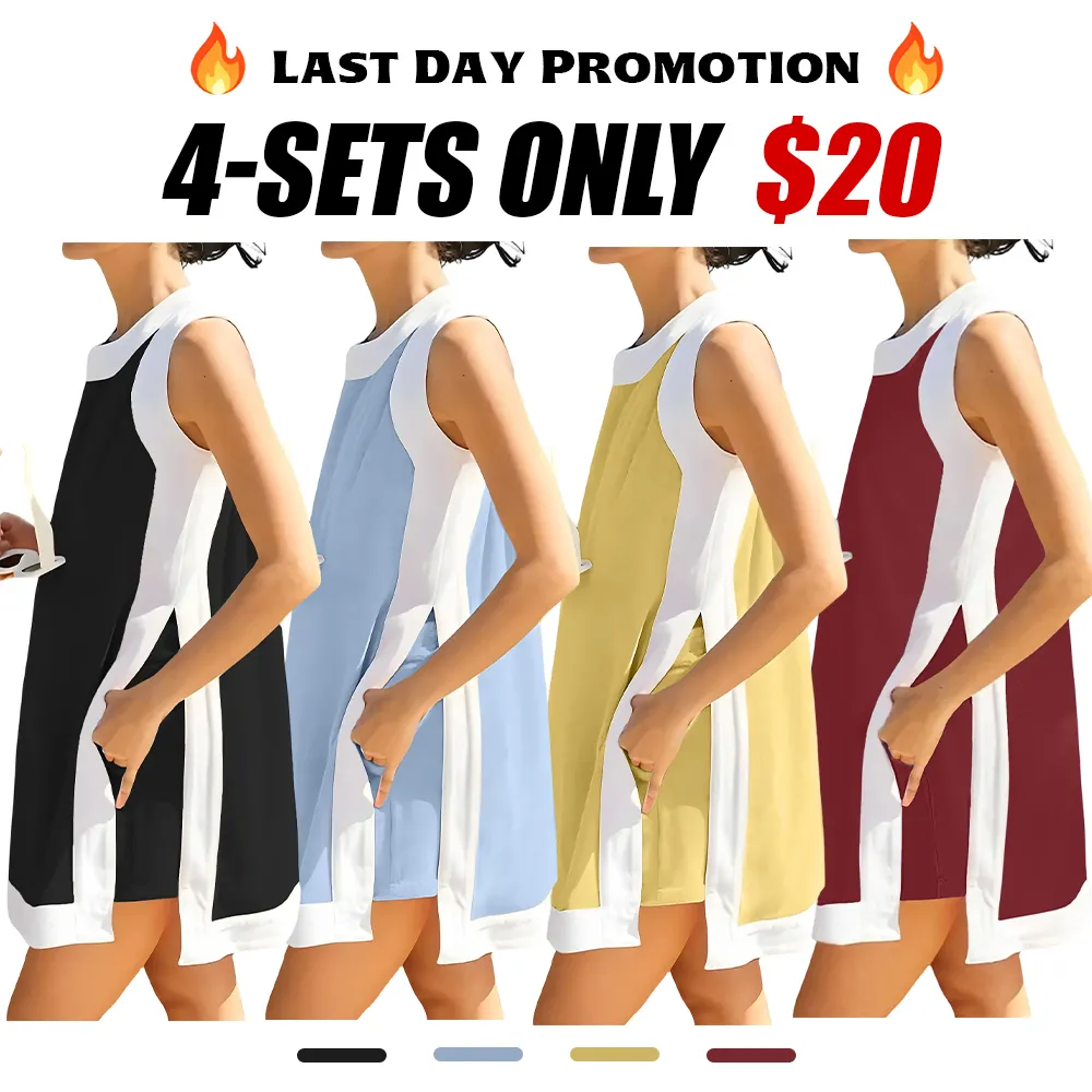 Women's color-blocked crew neck sleeveless pullover with shorts with pockets