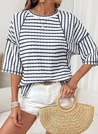 🔥🔥Womens Summer Tops Oversized Tshirts for Women Striped Color Block Short Sleeve T Shirts Crewneck Casual Tee Blouses