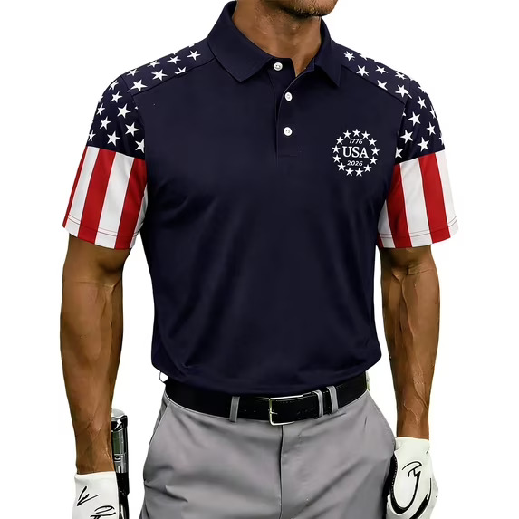 Mens Short Sleeve Polo Shirts 250th Anniversary USA Shirt Flag Print Patriotic 4th of July