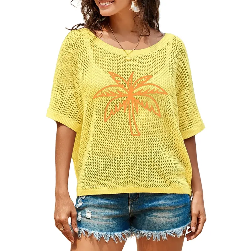 Womens Floral Fashion Summer Tops 2026 Short Sleeve Crochet Sweaters Swimsuit Cover Ups Lightweight Knit Pullover