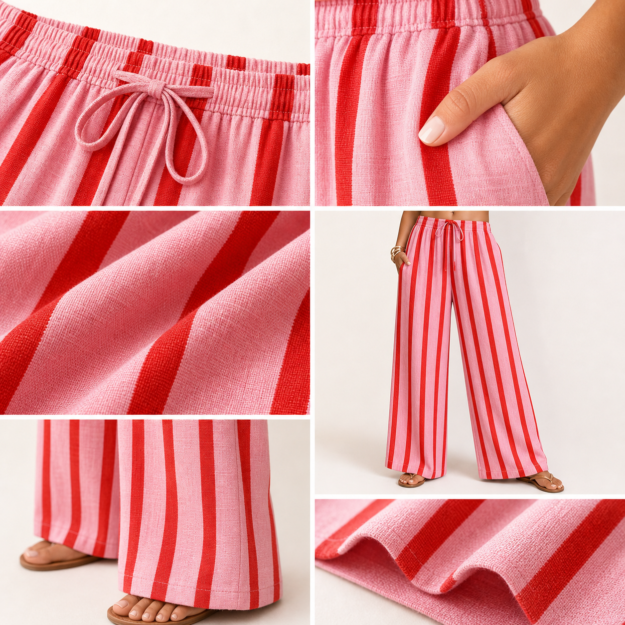 Elastic waist pocket stripe fabric wide leg and hem details