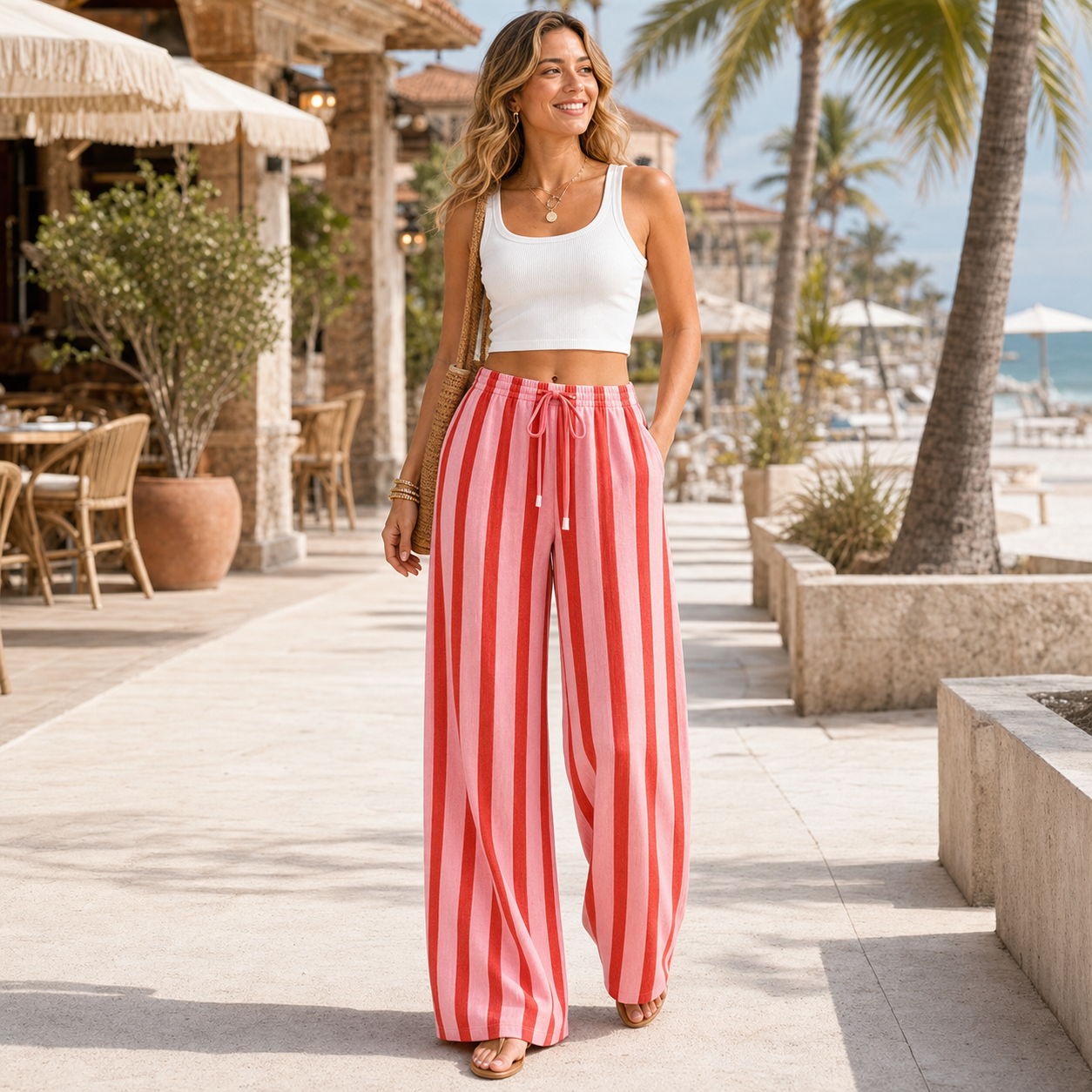 Lifestyle wearing women's striped wide leg pants
