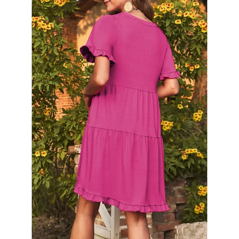 Womens Dresses 2026 Summer Spring V Neck Ruffle Short Sleeve Casual A-Line Flowy Swing Shift Dress Mini Dress