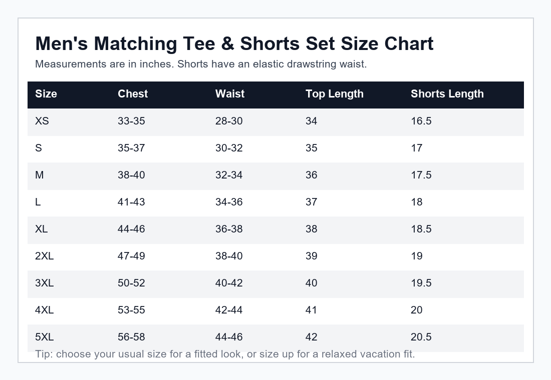 Men's matching tee and shorts set size chart