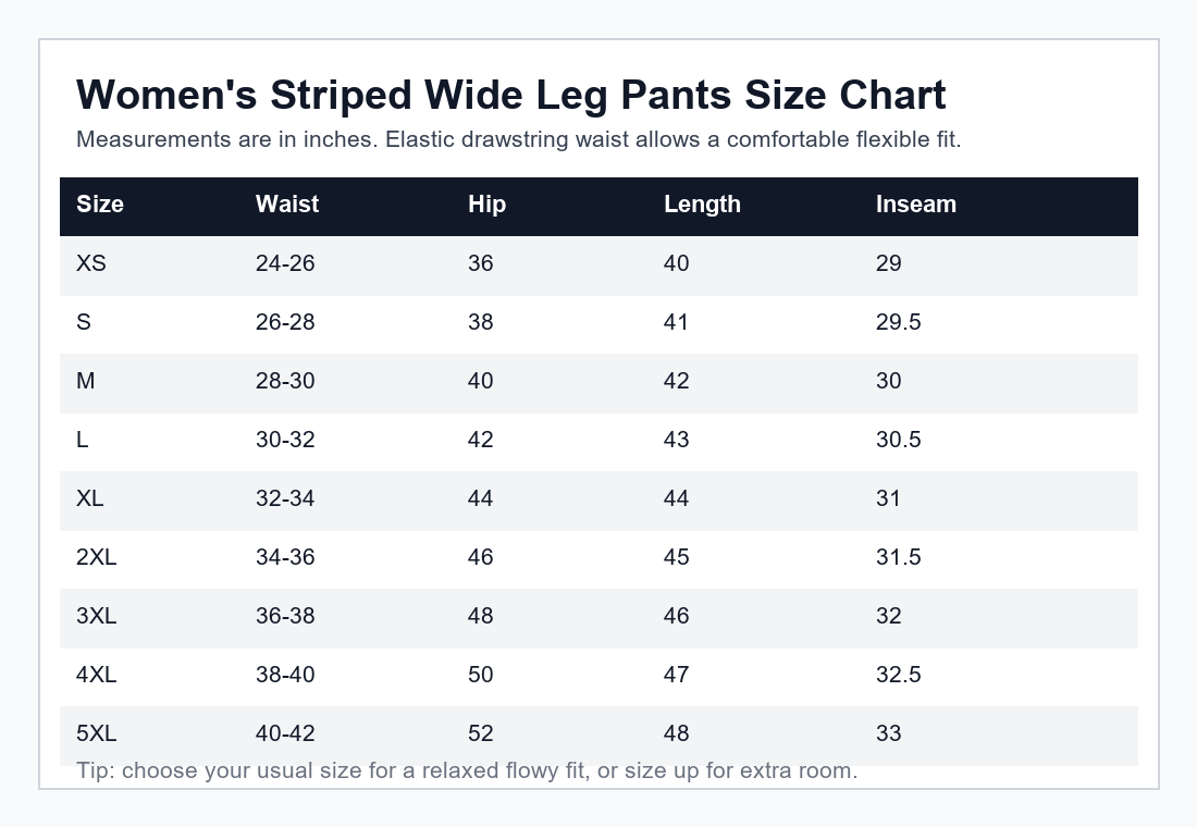 Women's striped wide leg pants size chart