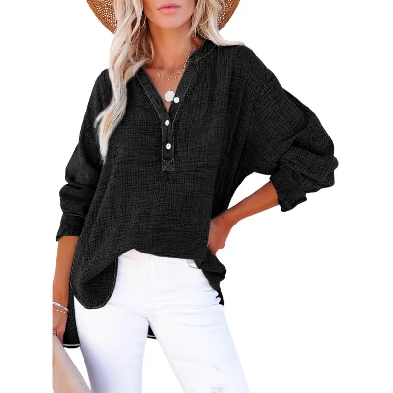 Dokotoo Women's Casual Button V Neck Long Sleeve Shirts Oversized Solid Blouses Tops 100% Cotton Boyfriend Style Loose Fit