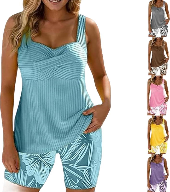 The ‘Sun-Drenched’ Tankini: Vibrant Ribbed & Floral Set