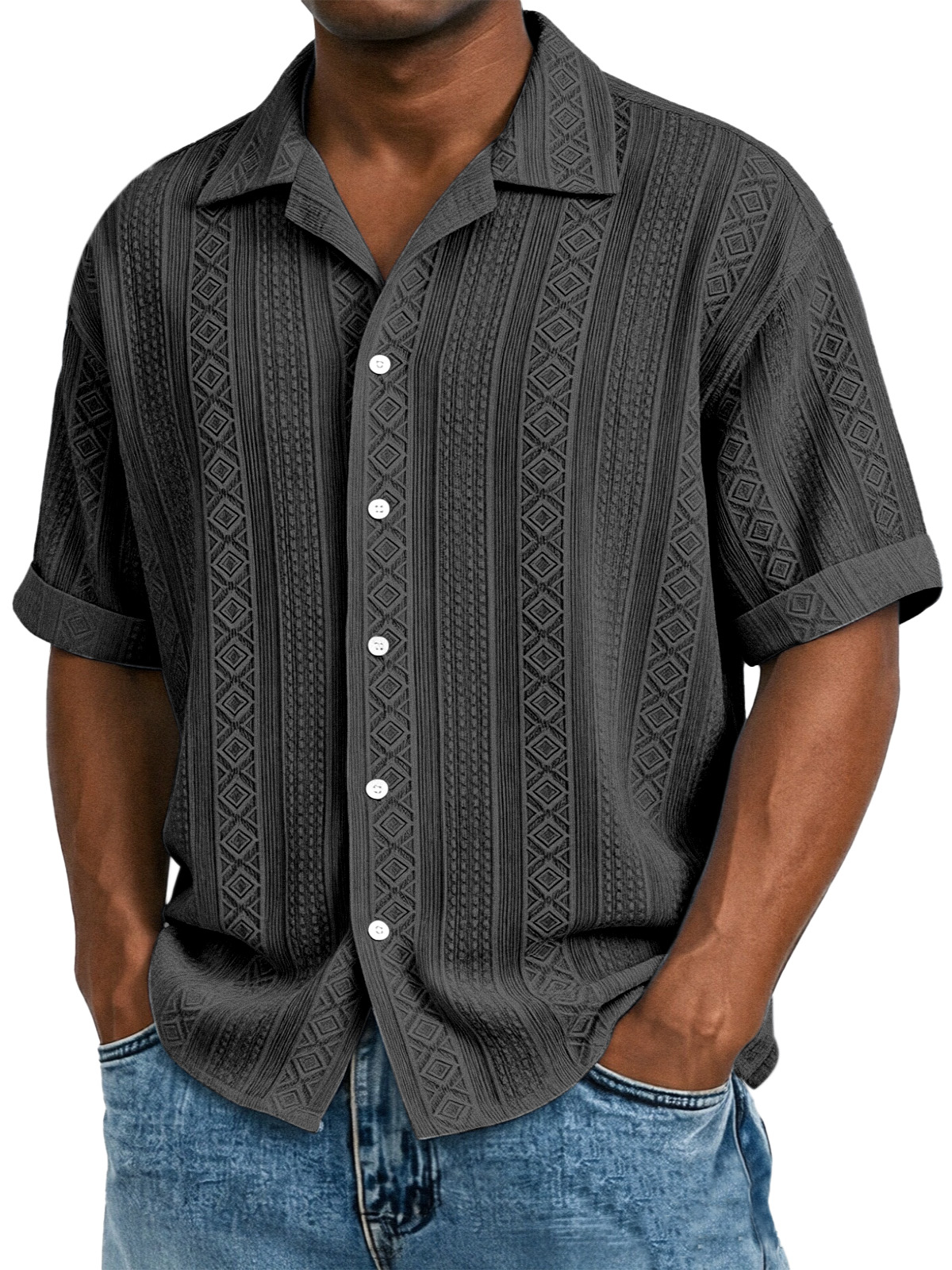 Men's Solid Color Casual Textured Lapel Short-Sleeve Shirt