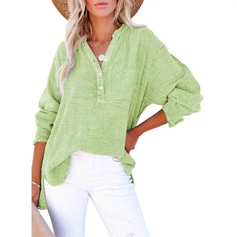 Dokotoo Women's Casual Button V Neck Long Sleeve Shirts Oversized Solid Blouses Tops 100% Cotton Boyfriend Style Loose Fit