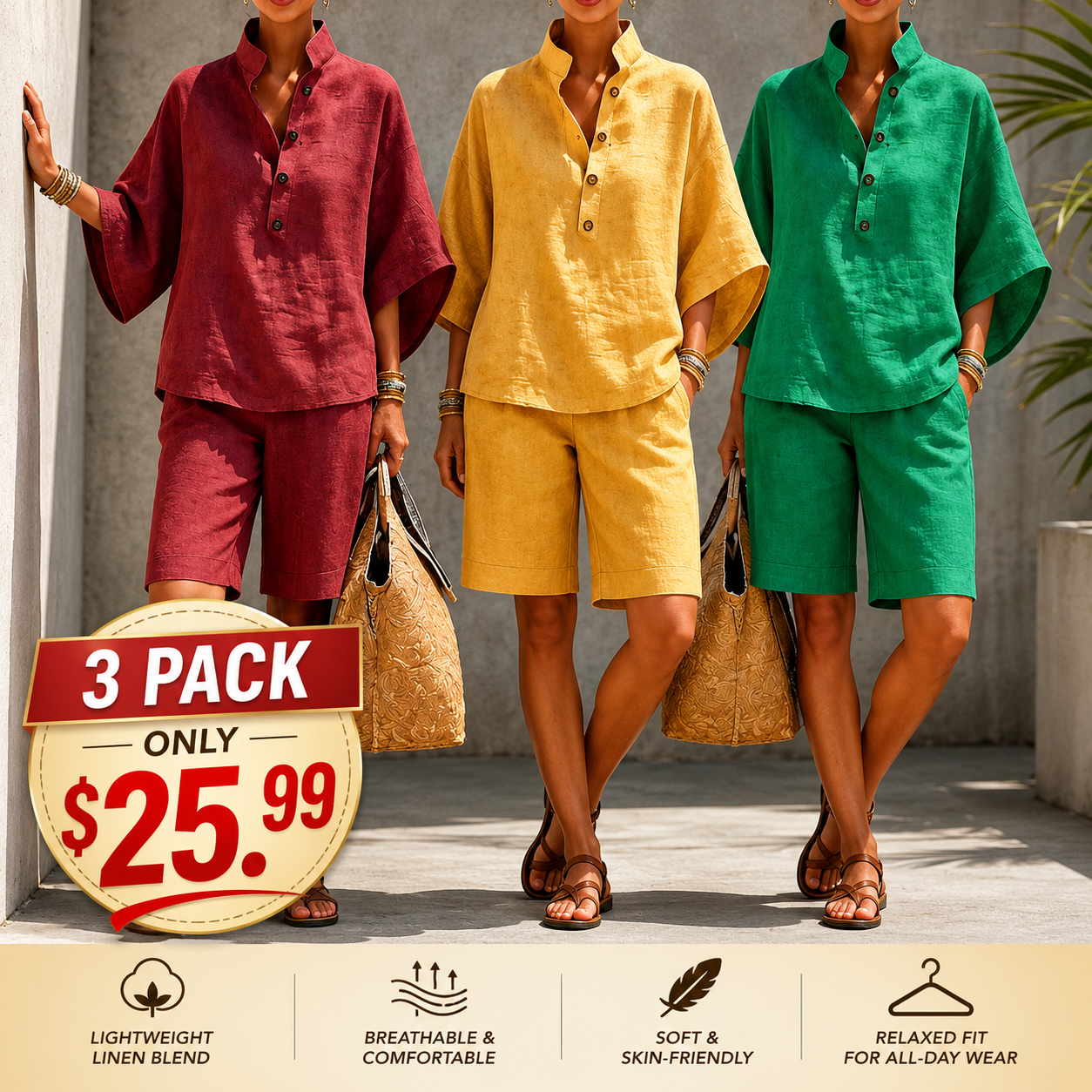 ✨Last Day 70%OFF✨Casual and comfortable linen short-sleeved top and shorts two-piece set