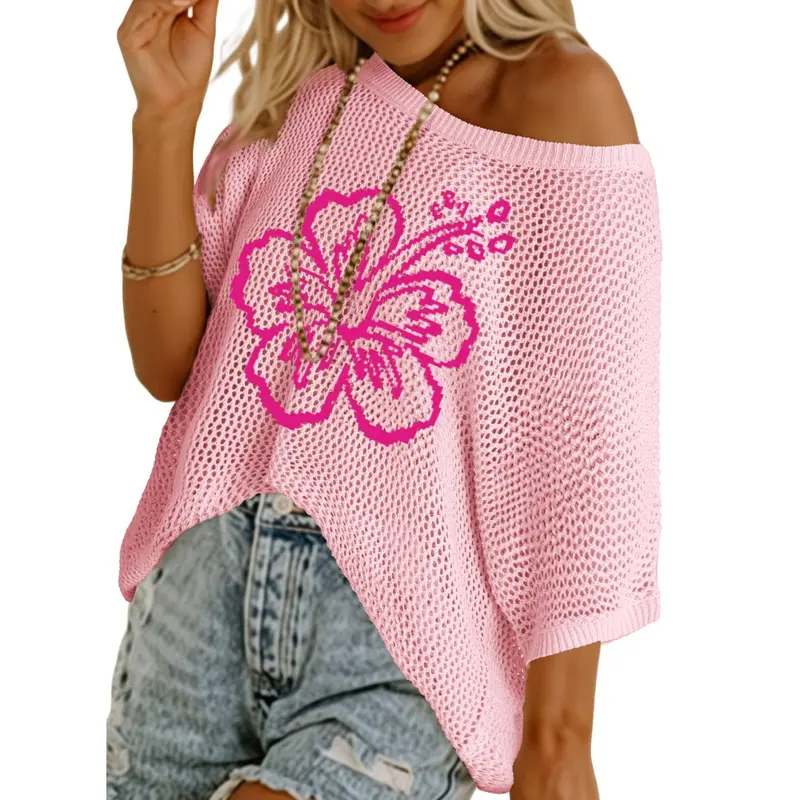 Womens Floral Fashion Summer Tops 2026 Short Sleeve Crochet Sweaters Swimsuit Cover Ups Lightweight Knit Pullover