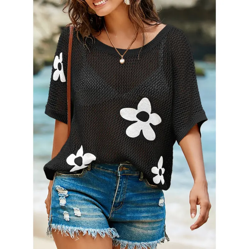 Womens Floral Fashion Summer Tops 2026 Short Sleeve Crochet Sweaters Swimsuit Cover Ups Lightweight Knit Pullover