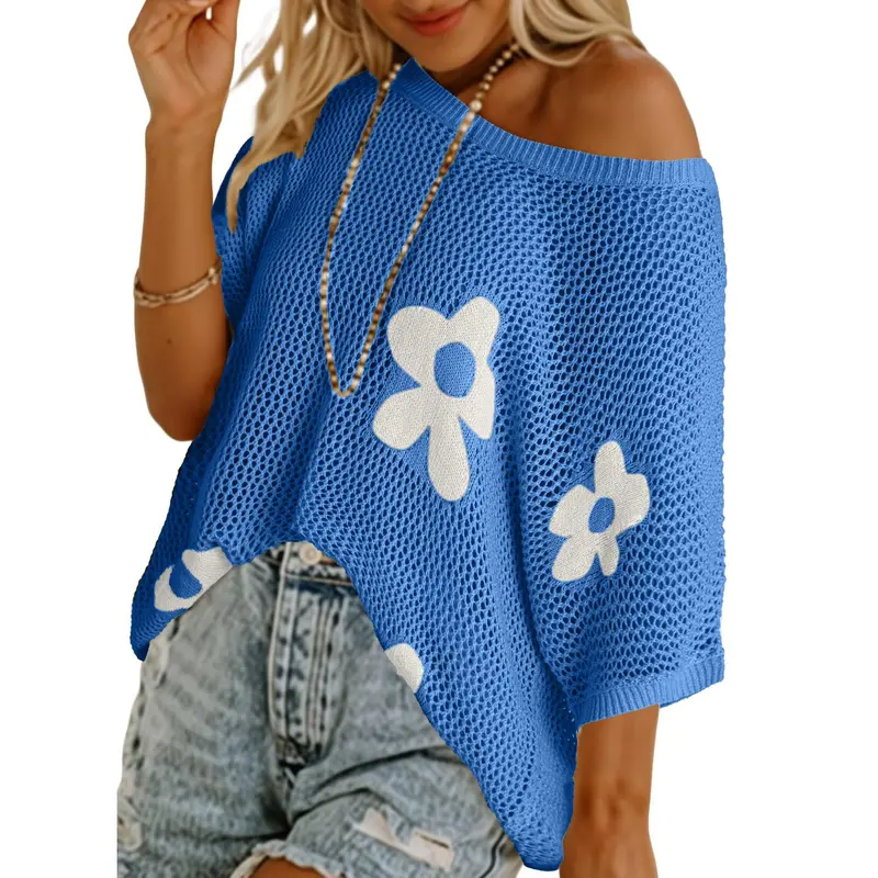Womens Floral Fashion Summer Tops 2026 Short Sleeve Crochet Sweaters Swimsuit Cover Ups Lightweight Knit Pullover