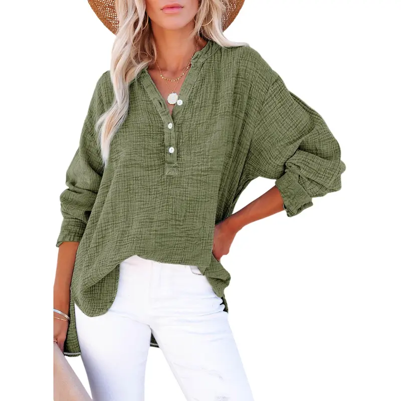 Dokotoo Women's Casual Button V Neck Long Sleeve Shirts Oversized Solid Blouses Tops 100% Cotton Boyfriend Style Loose Fit