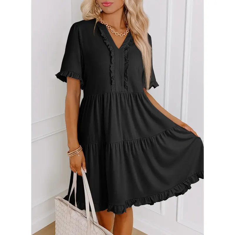 Womens Dresses 2026 Summer Spring V Neck Ruffle Short Sleeve Casual A-Line Flowy Swing Shift Dress Mini Dress