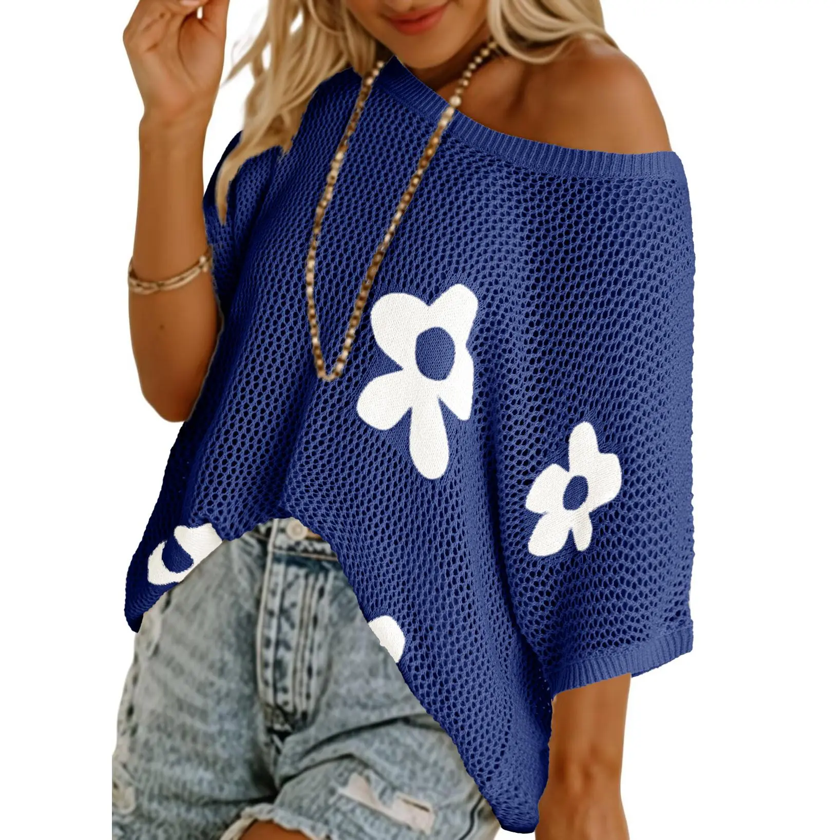 Womens Floral Fashion Summer Tops 2026 Short Sleeve Crochet Sweaters Swimsuit Cover Ups Lightweight Knit Pullover