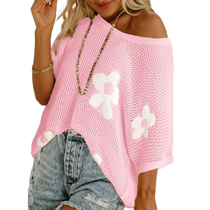 Womens Floral Fashion Summer Tops 2026 Short Sleeve Crochet Sweaters Swimsuit Cover Ups Lightweight Knit Pullover
