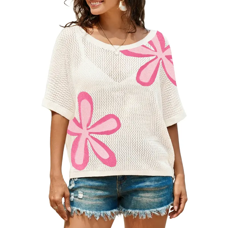 Womens Floral Fashion Summer Tops 2026 Short Sleeve Crochet Sweaters Swimsuit Cover Ups Lightweight Knit Pullover