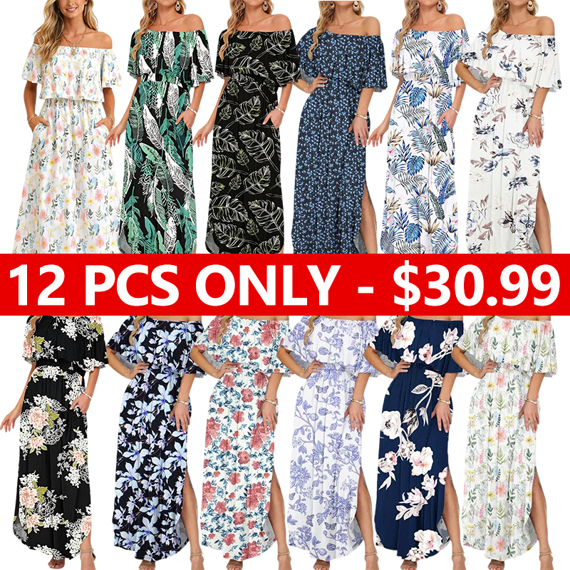 Women's Off The Shoulder Dress Wedding Guest Dress Summer Casual Long Ruffle Party Side Split Beach Maxi Dresses