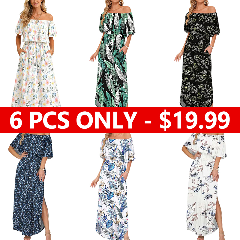 Women's Off The Shoulder Dress Wedding Guest Dress Summer Casual Long Ruffle Party Side Split Beach Maxi Dresses