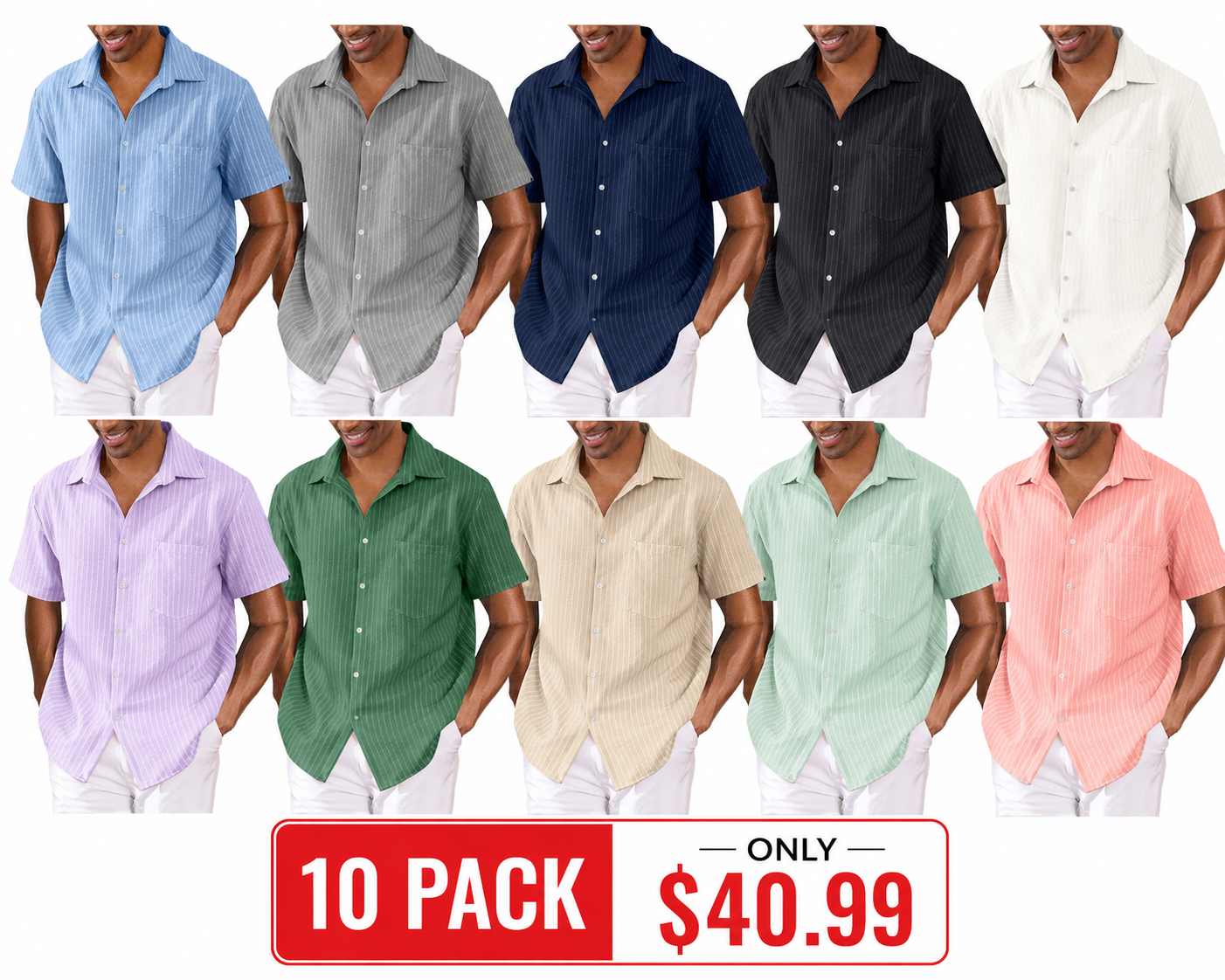 Men's Striped Cotton Linen Pocket Hawaiian Casual Short Sleeve Shirt