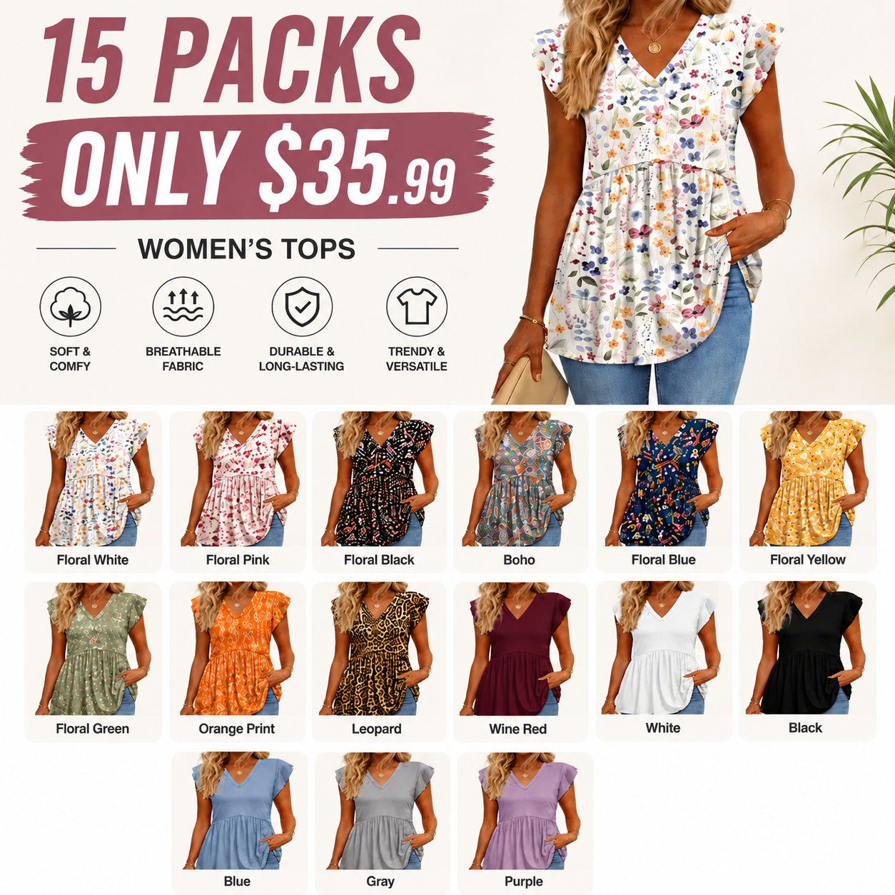 ⚡FINAL SALE⚡- 8 PACK Women’s Summer Casual Tops – Babydoll Ruffle Sleeve Blouses