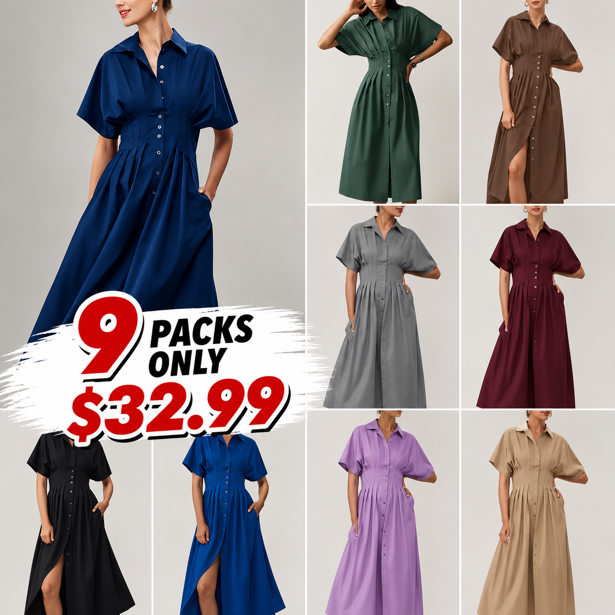 Shirt Dress for Women Summer Casual Short Sleeve Button Down Loose Pleated Maxi Sundress with Pockets