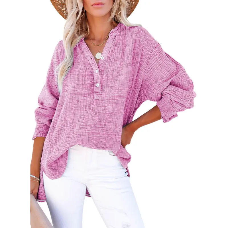 Dokotoo Women's Casual Button V Neck Long Sleeve Shirts Oversized Solid Blouses Tops 100% Cotton Boyfriend Style Loose Fit