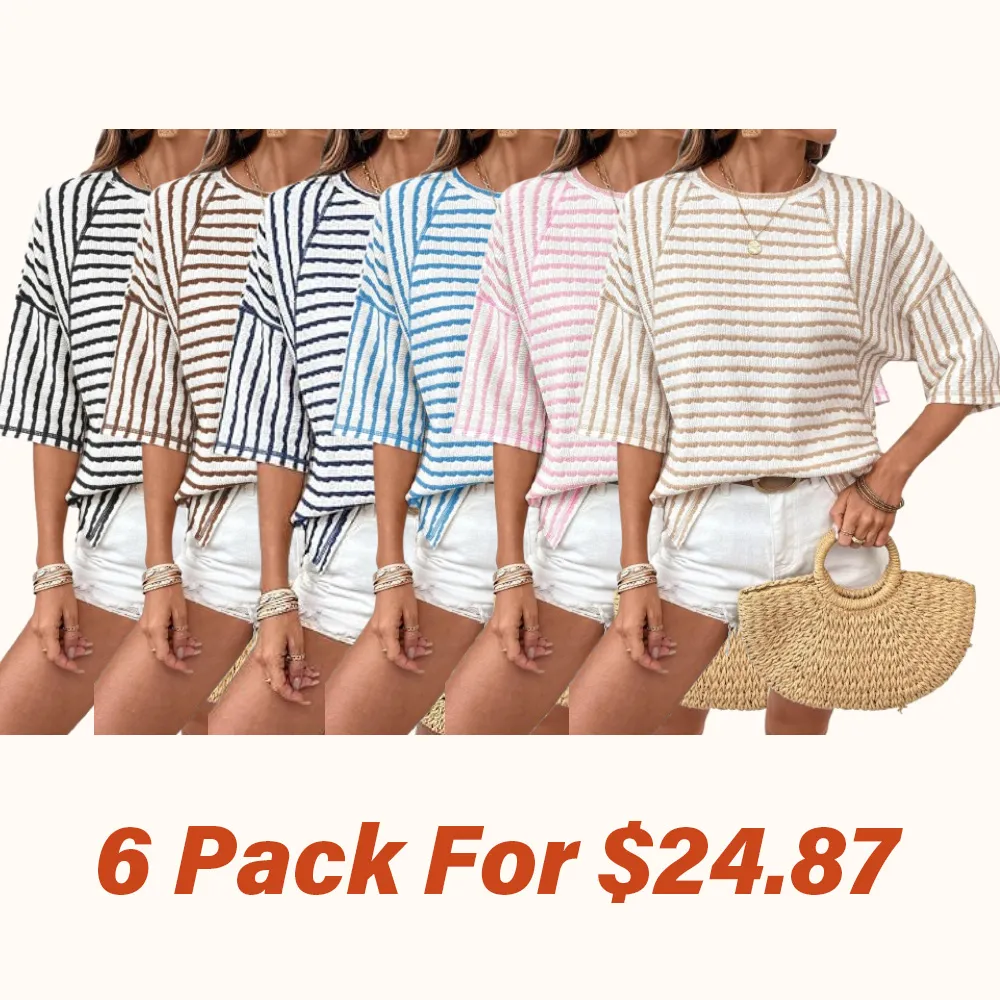 🔥🔥Womens Summer Tops Oversized Tshirts for Women Striped Color Block Short Sleeve T Shirts Crewneck Casual Tee Blouses