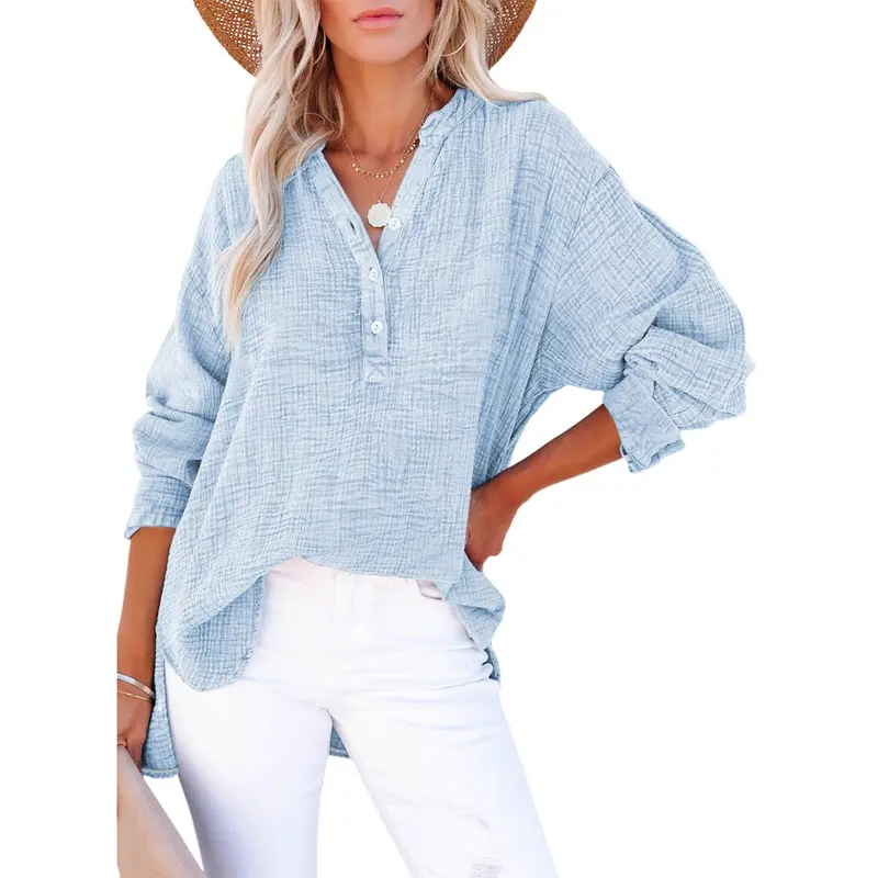 Dokotoo Women's Casual Button V Neck Long Sleeve Shirts Oversized Solid Blouses Tops 100% Cotton Boyfriend Style Loose Fit