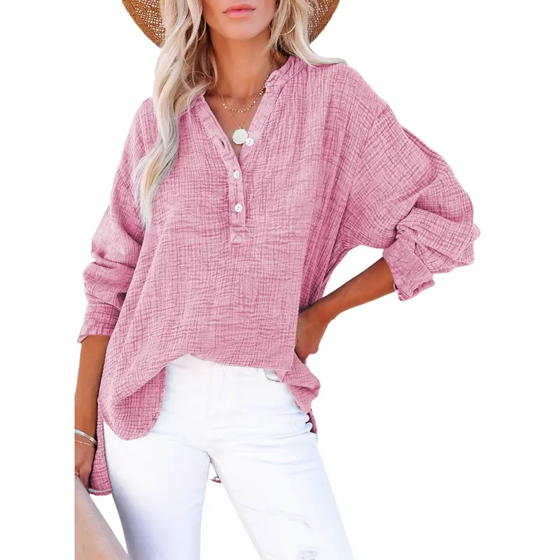 Dokotoo Women's Casual Button V Neck Long Sleeve Shirts Oversized Solid Blouses Tops 100% Cotton Boyfriend Style Loose Fit