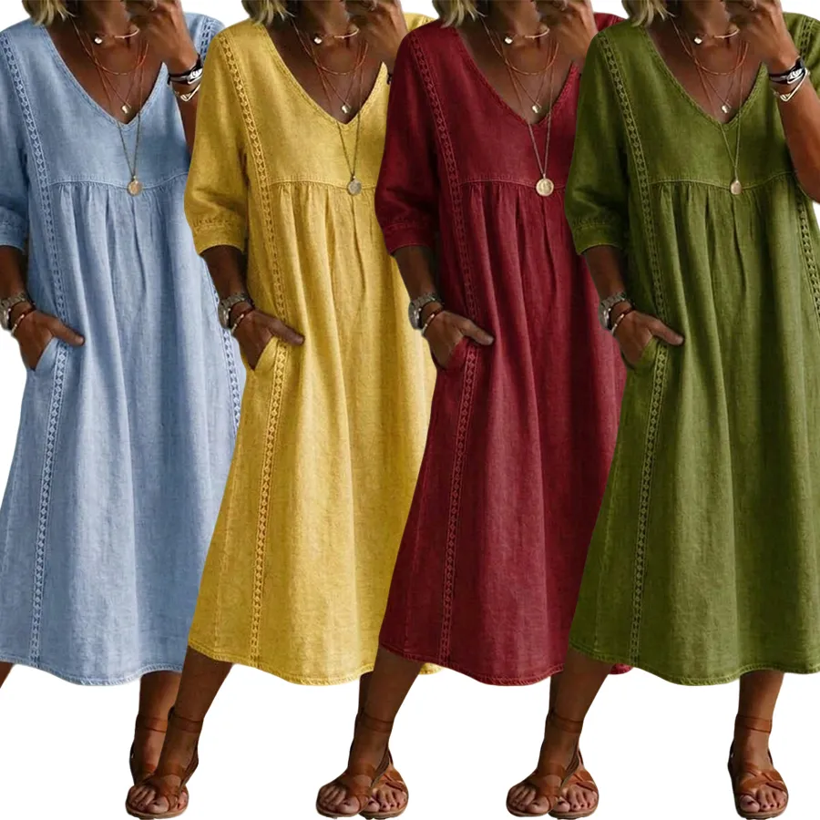 New Arrivals🔥Women's Casual Loose-fitting Patchwork Lace Trim Linen And Cotton Dress