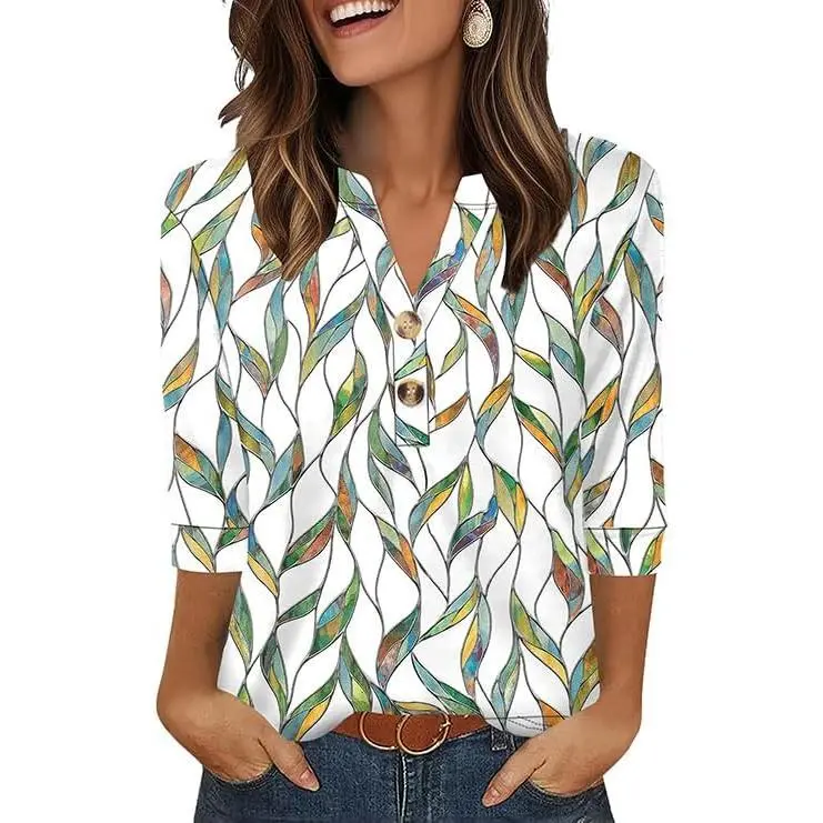 WIHOLL 3/4 Sleeve Tops Summer Outfits for Women Breathable Lightweight Blouses Air Conditioner Friendly Loose Fit Beach Vacation Girls Adjustable