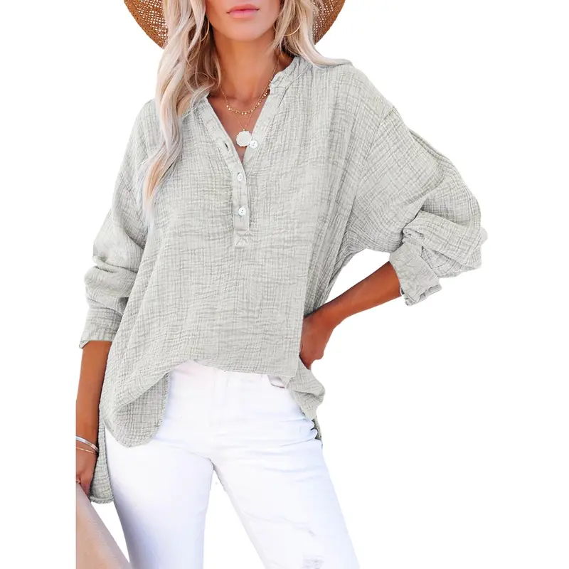 Dokotoo Women's Casual Button V Neck Long Sleeve Shirts Oversized Solid Blouses Tops 100% Cotton Boyfriend Style Loose Fit